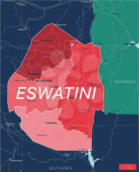 Eswatini ex Swaziland country detailed editable map with regions cities and towns, roads and railways, geographic sites. Vector EPS-10 file