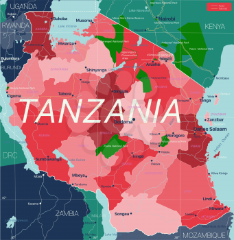 Tanzania country detailed editable map with regions cities and towns, roads and railways, geographic sites. Vector EPS-10 file