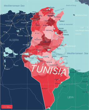 Tunisia country detailed editable map with regions cities and towns, roads and railways, geographic sites. Vector EPS-10 file