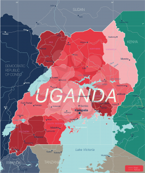 Uganda country detailed editable map with regions cities and towns, roads and railways, geographic sites. Vector EPS-10 file