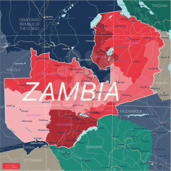 Zambia country detailed editable map with regions cities and towns, roads and railways, geographic sites. Vector EPS-10 file