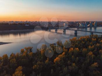BARNAUL CITY. RUSSIA - SEPTEMBER 13, 2020: Aerial shot of view to Barnaul city. Siberia, Russia. Autumn beauty sunset on September 13, 2020 in Altayskiy krai, Siberia, Barnaul, Russia.