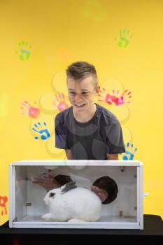 Blind guess game by touch . Young boy guesses by touch that he does not see in the box, rabbit in the box. Happy birthday celebrating or games with friends concept