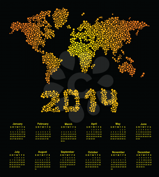 Royalty Free Clipart Image of a 2014 Calendar With a Map of the World