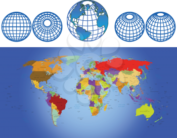 Royalty Free Clipart Image of a World Map With Globes