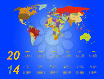 Royalty Free Clipart Image of a Map of the World on a 2014 Calendar