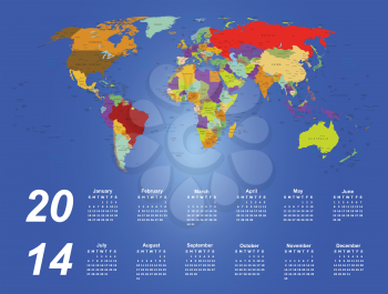 Royalty Free Clipart Image of a Map of the World on a 2014 Calendar