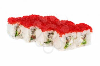 Roll with cream cheese, tobiko caviar, smoked eel and greens at white