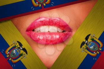 Beautiful female lips closeup behind ecuador background