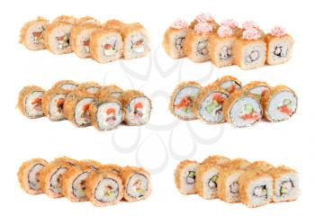 Set of roasted sushi rolls isolated on white