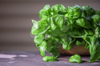 Fresh organic basil leaves on a wooden table