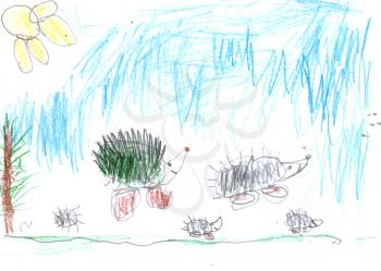 Kid's drawing - hedgehogs- made by child
