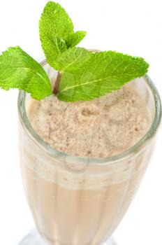 chocolate milk shake with mint leaves decorated