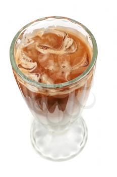 Iced espresso coffee in glass on a white