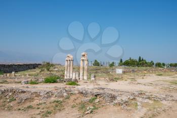 Pammukale, Turkey - July, 2015: photo of ancient city Hierapolis, near modern turkey city Denizli