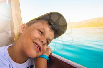 Portrait of boy on yacht at the sea, Turkey 