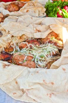 Delicious pork kebab with vegetables