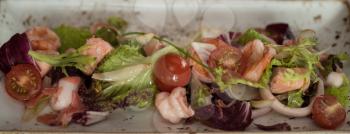 healthy green salad with cooked shrimp and vegetables