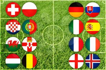 Euro country flags team icon on green grass background