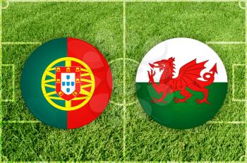 Portugal vs Wales icons at football field background