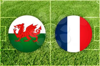 Wales vs France icons at football field background