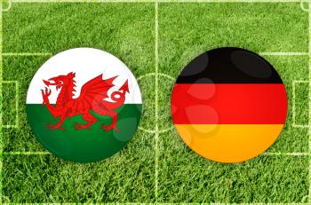 Wales vs Germany icons at football field background