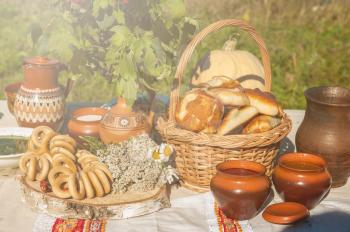 Russian table with traditional food
