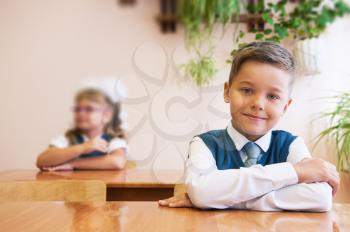 Happy schoolboy at school desk. Begining of learning.