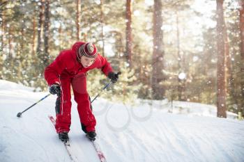 A little boy in red clothes is skiing in a pine forest