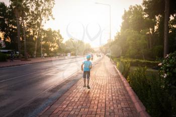 Kid boy walking at Alania city, Turkey