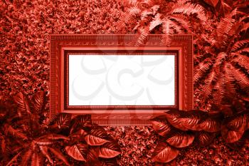 Living coral color background from leaves and white blank for your design or text. Pantone color of the year 2019.