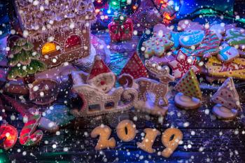 Gingerbread cookies with snow, 2019 new year, xmas theme