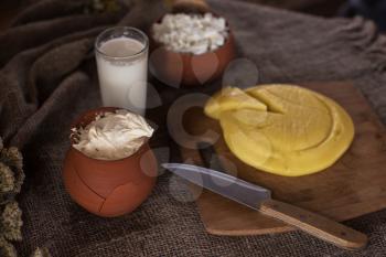 Organic milk cottage cheese and sour cream in vintage dish on rustic background