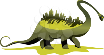Royalty Free Clipart Image of a Dinosaur With Buildings on Its Back