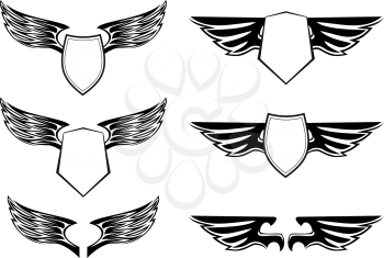 Royalty Free Clipart Image of a Set of Shields With Wings