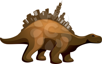 Royalty Free Clipart Image of a Stegosaurus With Buildings on Its Back