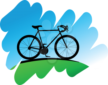Royalty Free Clipart Image of a Cycle on a Green Hill Against Blue