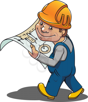 Smiling cartoon worker with scheme for industrial design