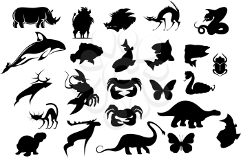 Set of cartoon animal silhouettes isolated on white background