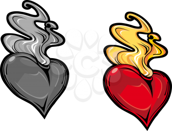 Cartoon vintage red heart with fire for tattoo design