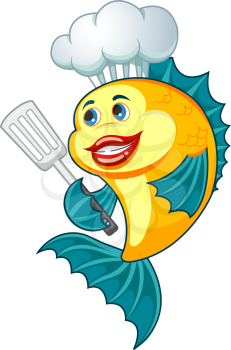 Cartoon cook fish with dishware for cooking concept