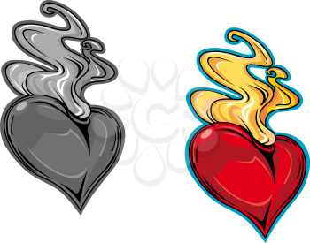 Cartoon red heart with love fire for tattoo design