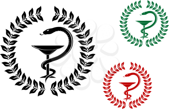 Medicine symbol - snake on cup in laurel wreath