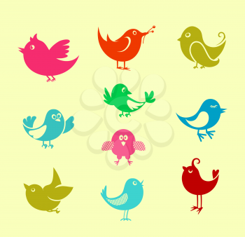 Set of cartoon doodle birds icons for communication networks design