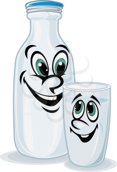 Dairy product and milk bottle in cartoon style