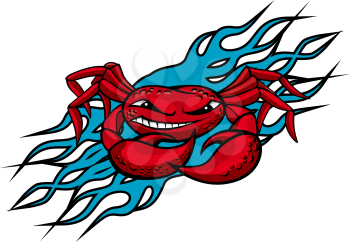 Cardinal crab with claws on blue flames for tattoo design