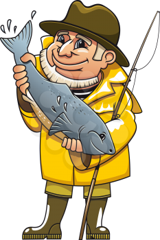 Smiling fisherman in cartoon style catching a fish