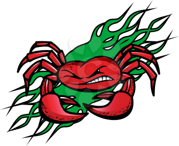 Angrycrab with claws on green flames for tattoo design