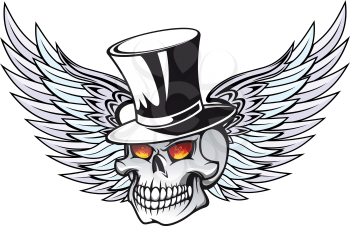Skull with wings in black hat for tattoo design