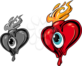 Cartoon red heart with eye in retro style